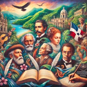 Pintura de poetas de la República Dominicana, con una representación vibrante y soñadora de figuras literarias como Pedro Mir, Salomé Ureña y Manuel del Cabral.